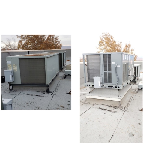 Before and after new commercial roof unit installation